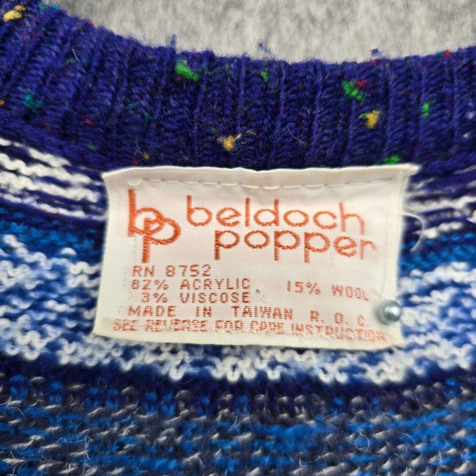 Vintage Beldoch Popper Blue Fair Isle Snowflake Wool Blend Cardigan Sweater L