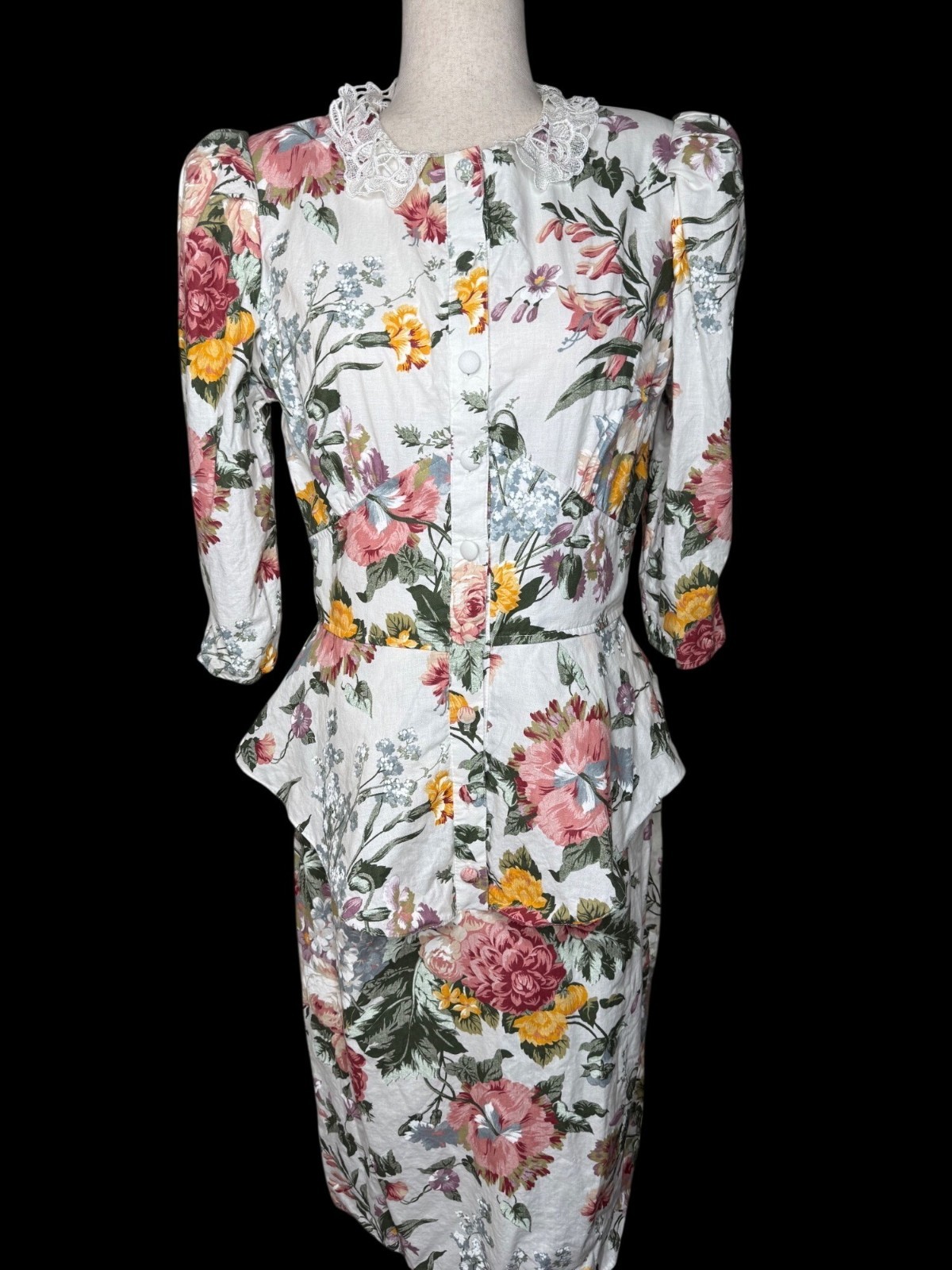 Vintage 80 My Michelle Floral Peplum Dress Puff Sleeves Lace Collar Cotton M USA