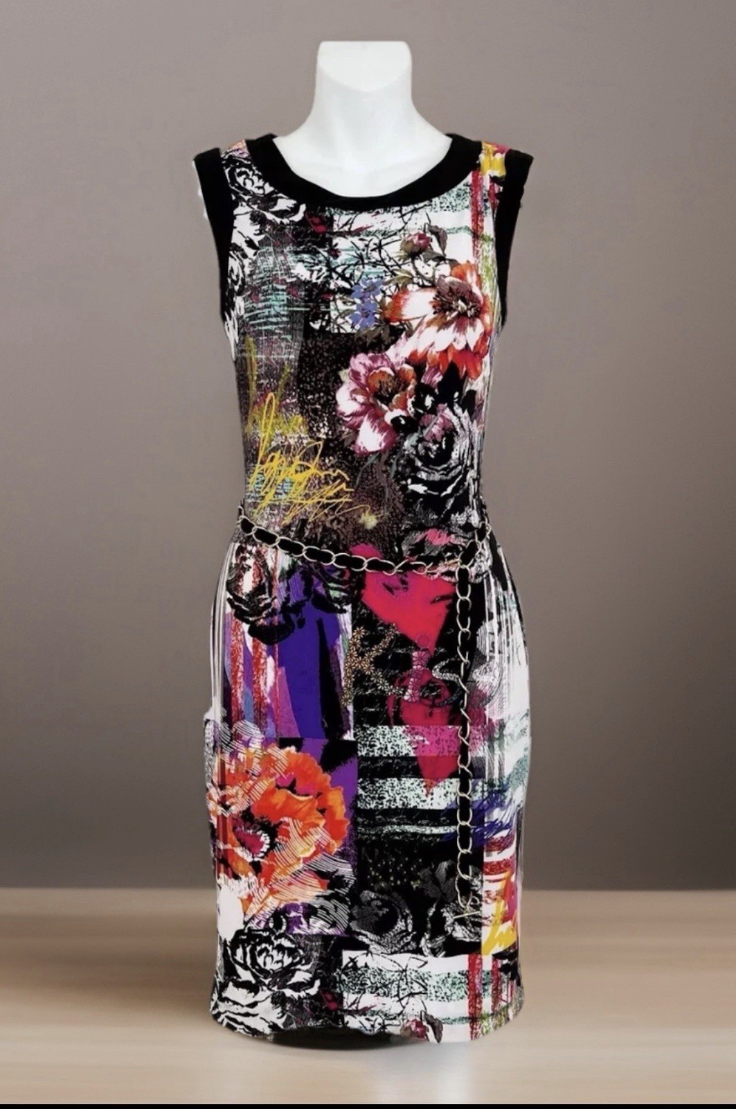 CACHE Dress 2 Colorful Floral Sleeveless Stretch Chain Belt Career Office Siren