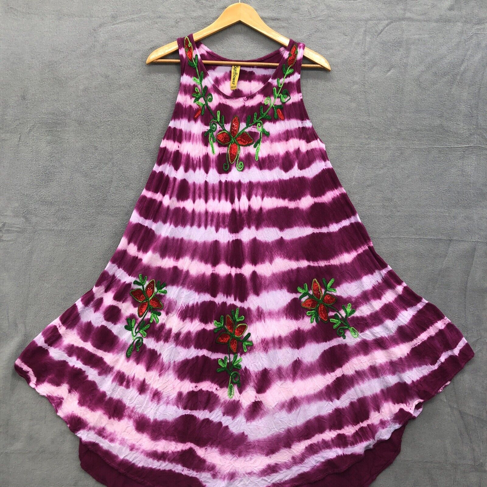 Sunflower Women’s Sun Dress Free Size Rayon Crinkle Embellished Flowers Purple