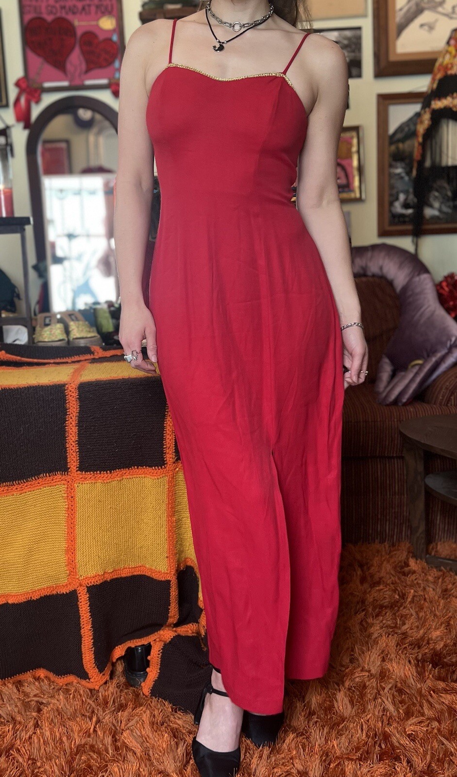 Vintage 90s Red Maxi Dress Circus Burlesque Old Hollywood Prom Moulin Rouge SZ10