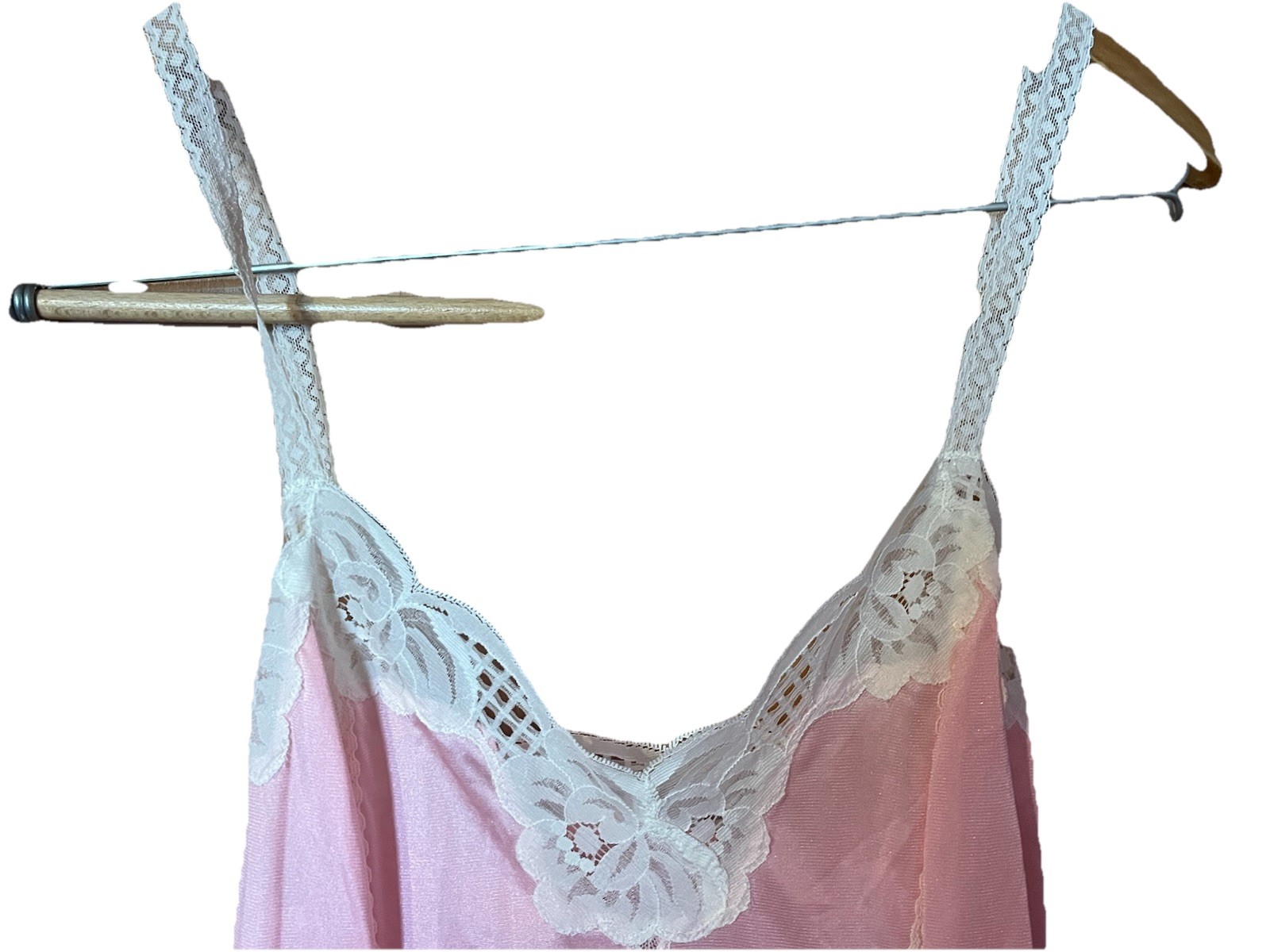 Sz S Elegant Vintage Lt Pink & White W Lace Detail & Straps MCM Night Gown 1960s