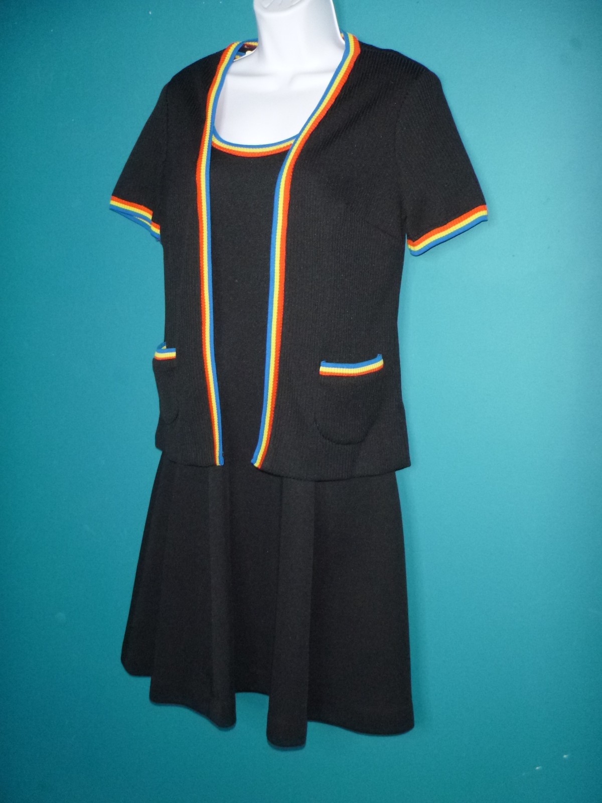 Vtg 70s Kelly Arden Stretch Poly Mini Dress W/ Cardigan Black Rainbow Trim Sz S
