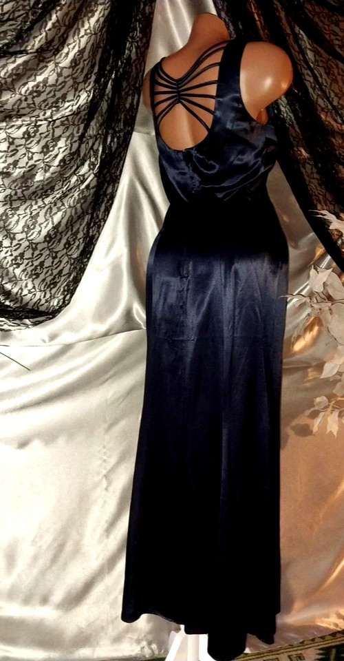 VTG SATIN SHINY RAYON DEEP BLUE SQUARE NECK MAXI DRESS JAZZ DECO CAGE BACK 5/6