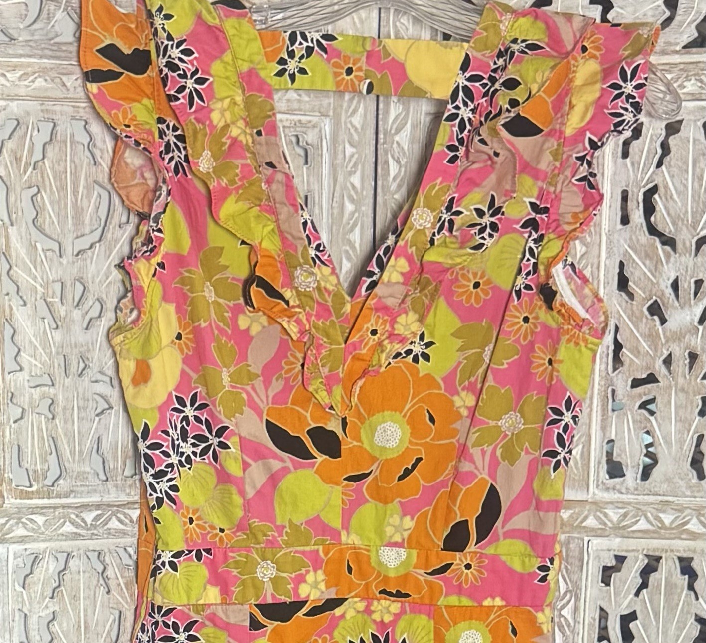Vintage Neon Floral Cotton SZ M Dress Vneck Ruffles Surfer Girl Beach Boho Luau