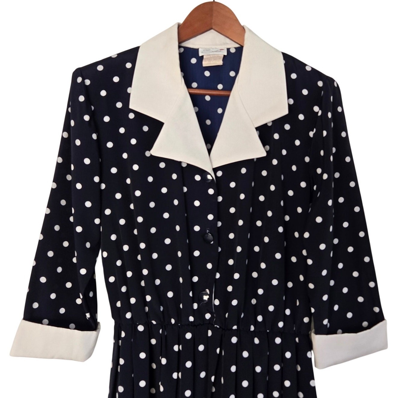 Vintage Serbin Dark Academia Blue Polka Dot Midi Shirt Dress Contrast Collar 10