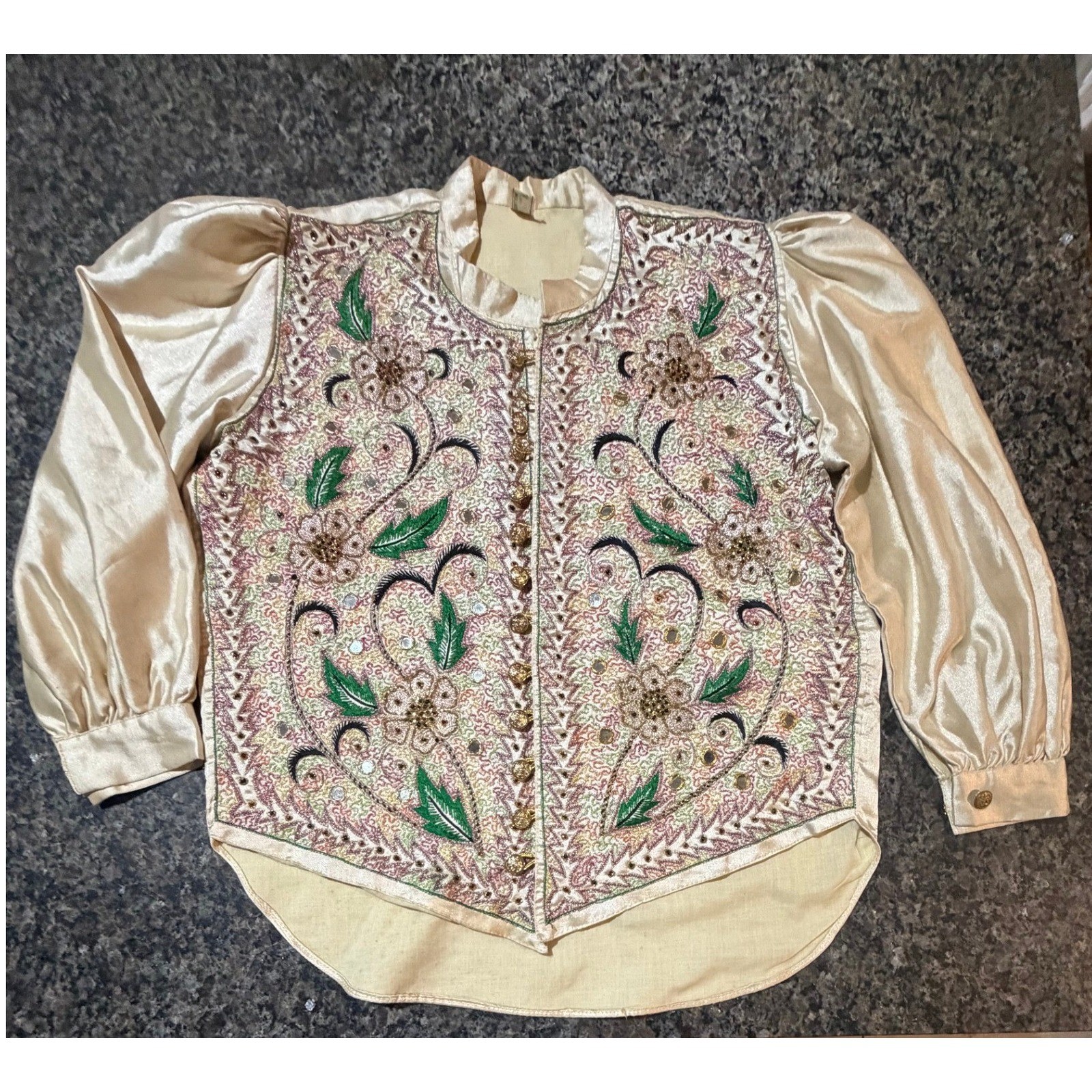 Vintage Embroidered Mirror Work Satin Blouse Champagne Gold Crest Button Top