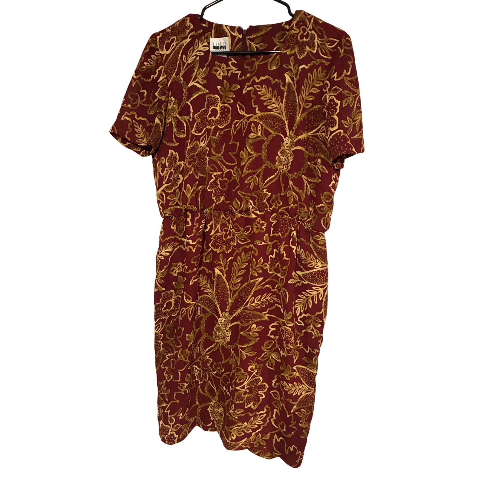 Leslie Fay Petite Vintage Floral Sheath Dress Burgundy Gold Short Sleeve Size 6P