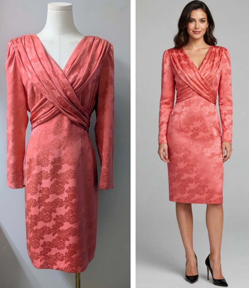 Vintage Adele Simpson Silk Pencil Dress Coral Draped Bust Embossed 80’s M
