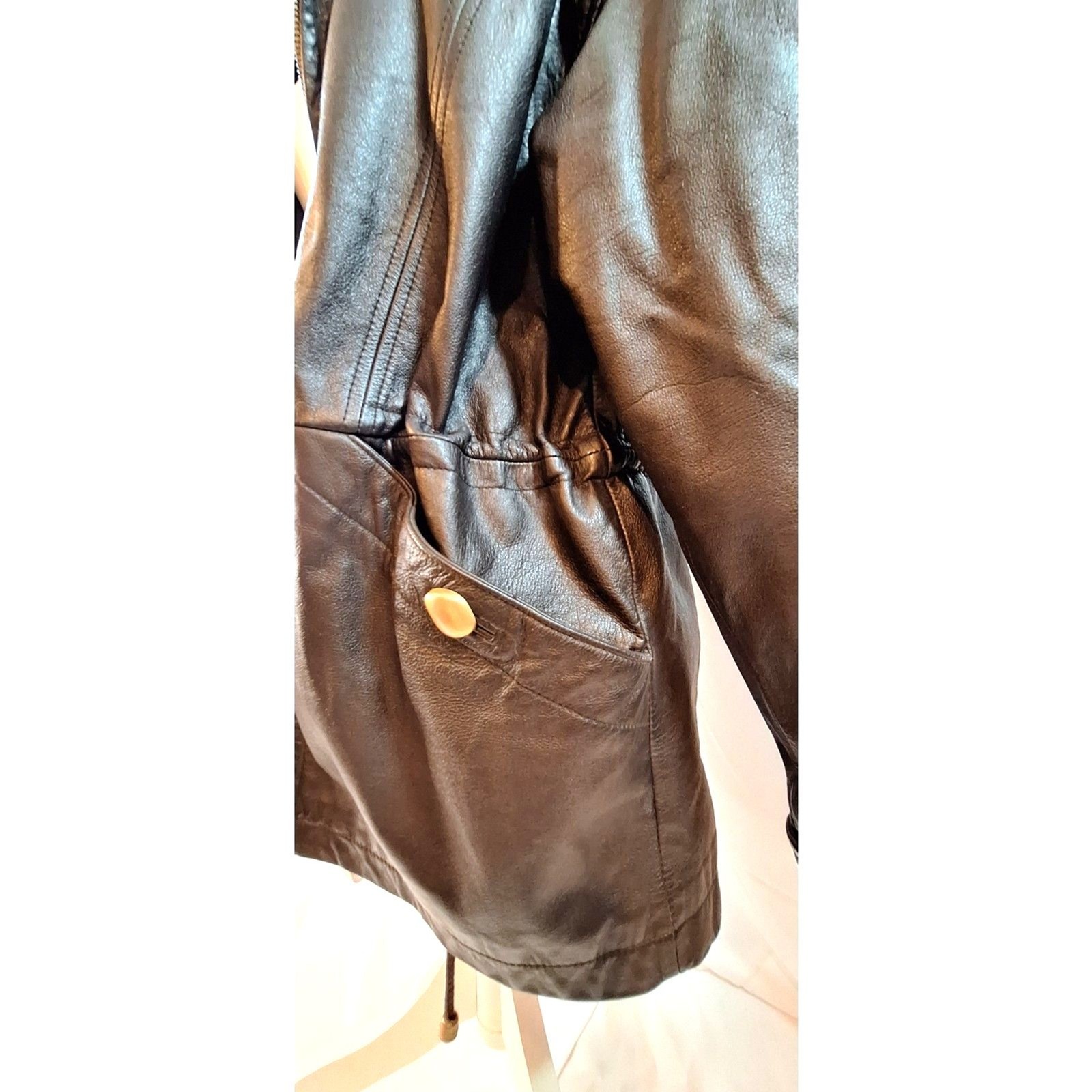 Donna Pelle Vintage Brown Leather Coat Faux Fur Collar Size S