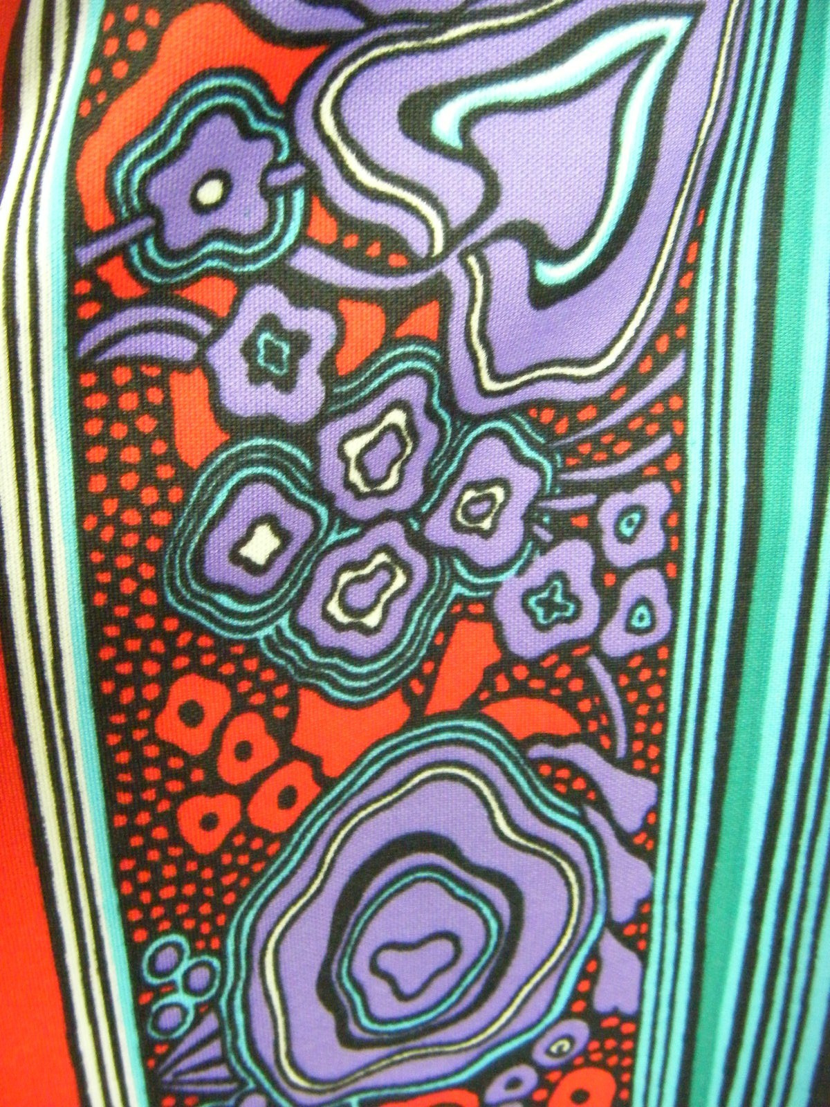 Vtg 60s Black/Purple/Red/Blue Mod Printed Knitted Belt Dress-Bust 34/3XS-2XS