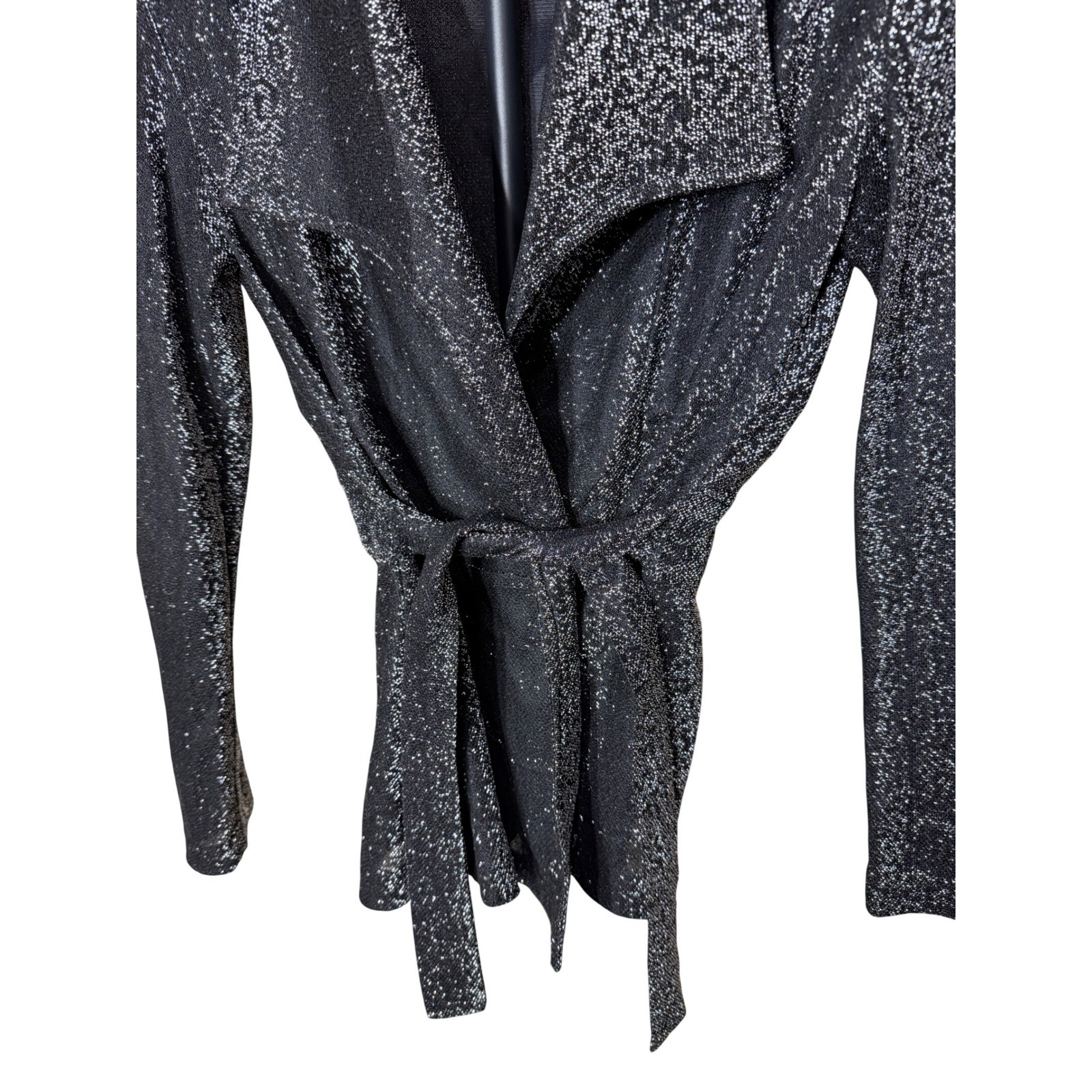 Vintage Metallic Silver Black Wrap Cardigan Tie Waist Shimmer Knit Size 9