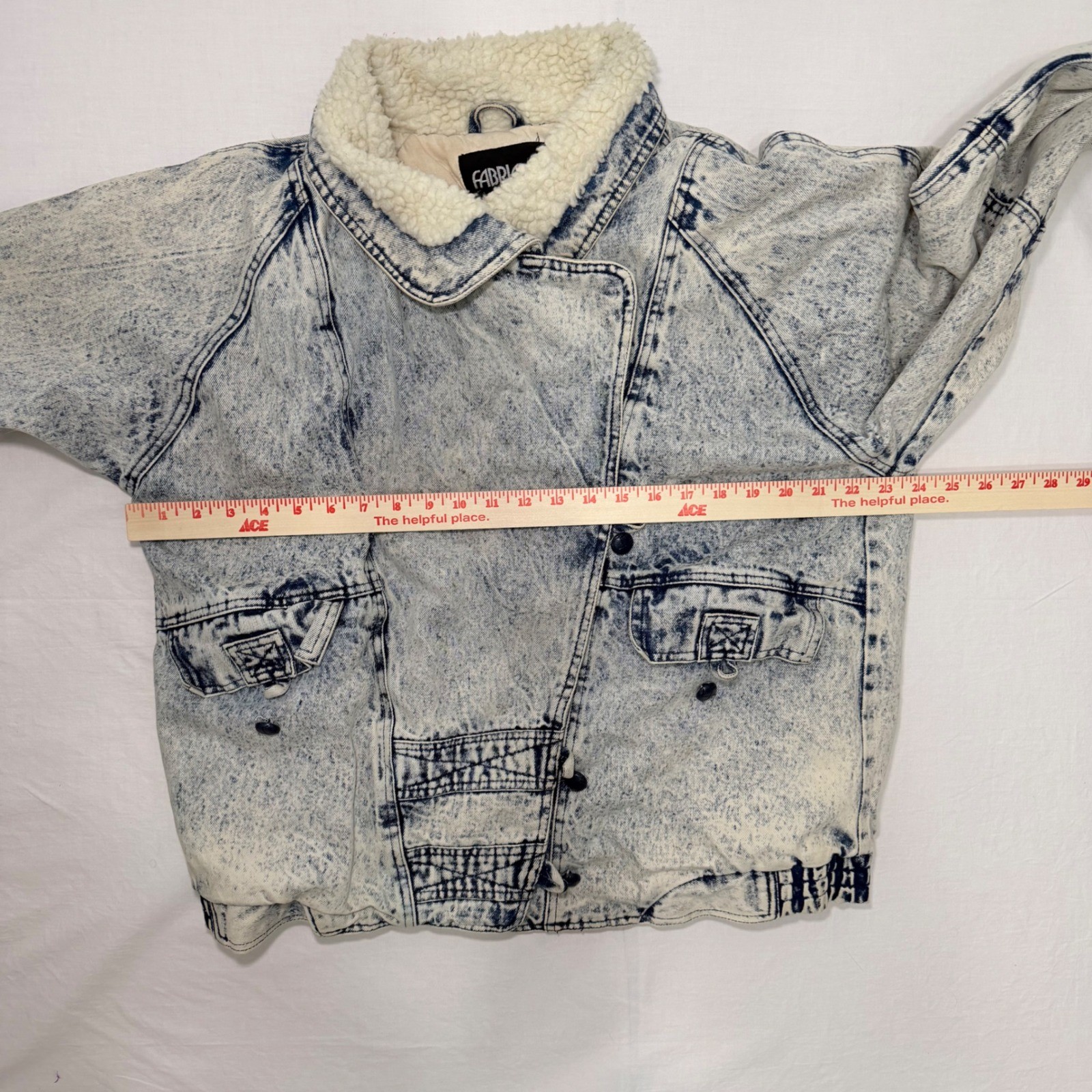 Vintage 80s Fabriano Acid Wash Denim Sherpa Bomber Jacket Womens L Cropped 90s