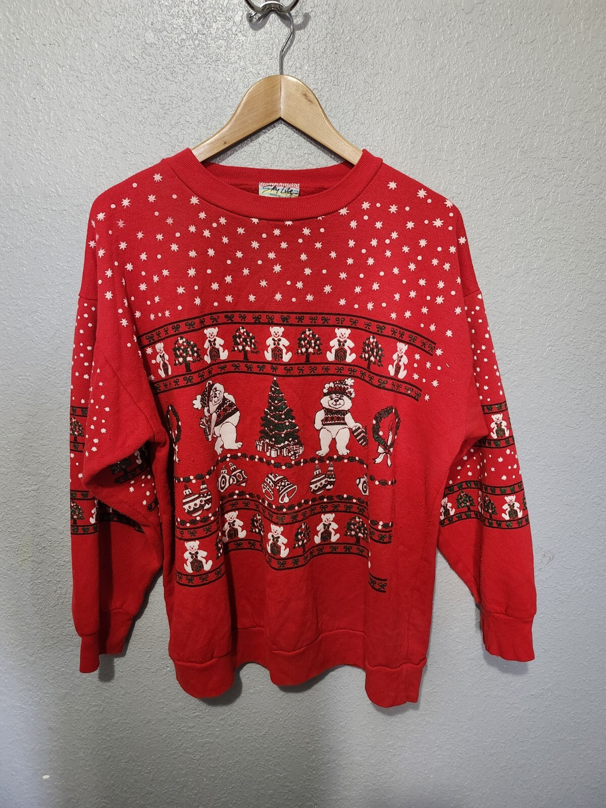 Vintage Sky Lite 80s Red Teddy Bear Christmas Crewneck Sweater Glitter Large USA