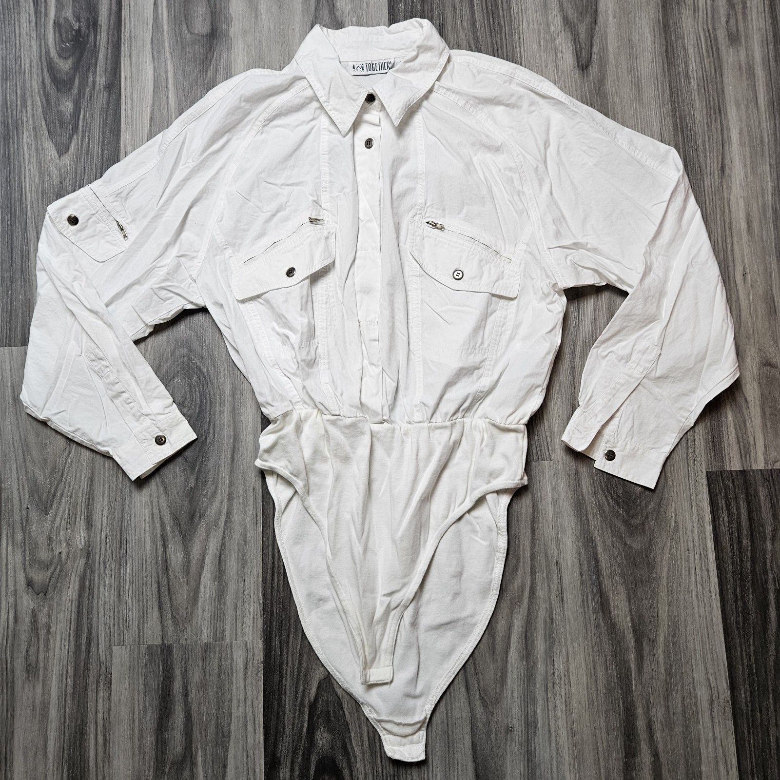 80s Vintage Light Weight 100% Cotton White High Cut XL Body Suit Y2K Flash Dance