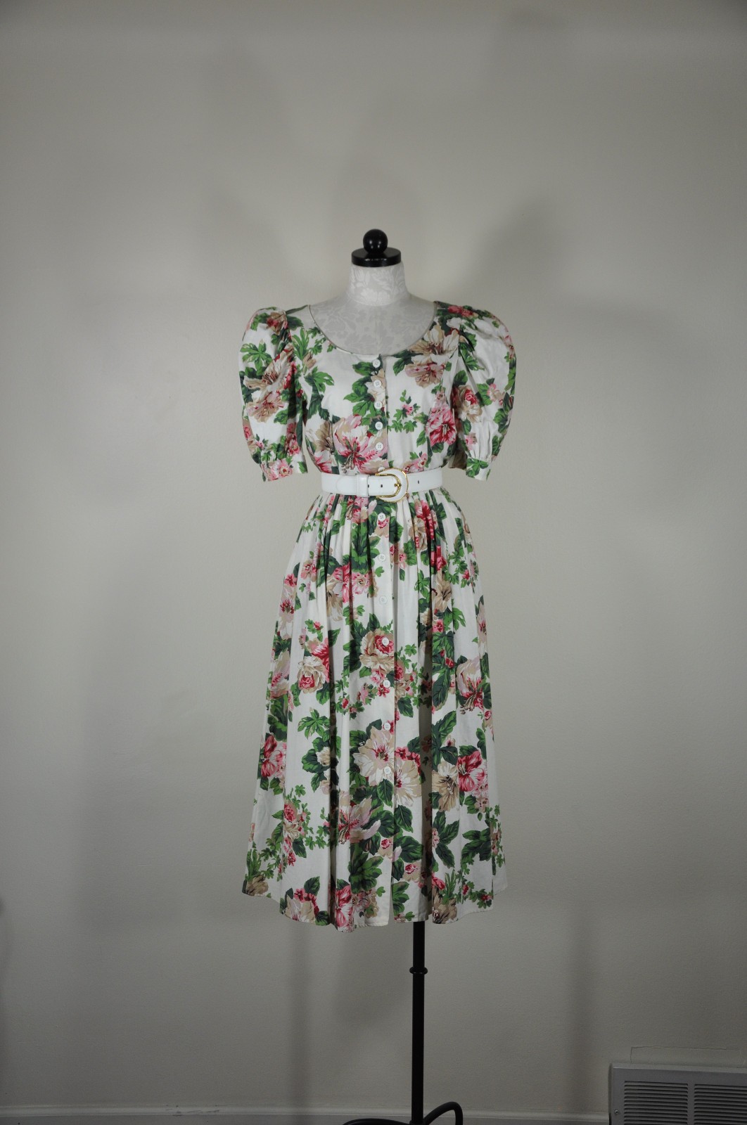 80s Vintage Pink Green Hibiscus Floral Puff Sleeve Romantic Midi Dress Women M L