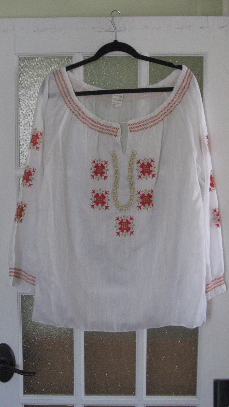 Vintage Greece White Embroidered Peasant Blouse K Papoutsaki Bros. Hippie Boho
