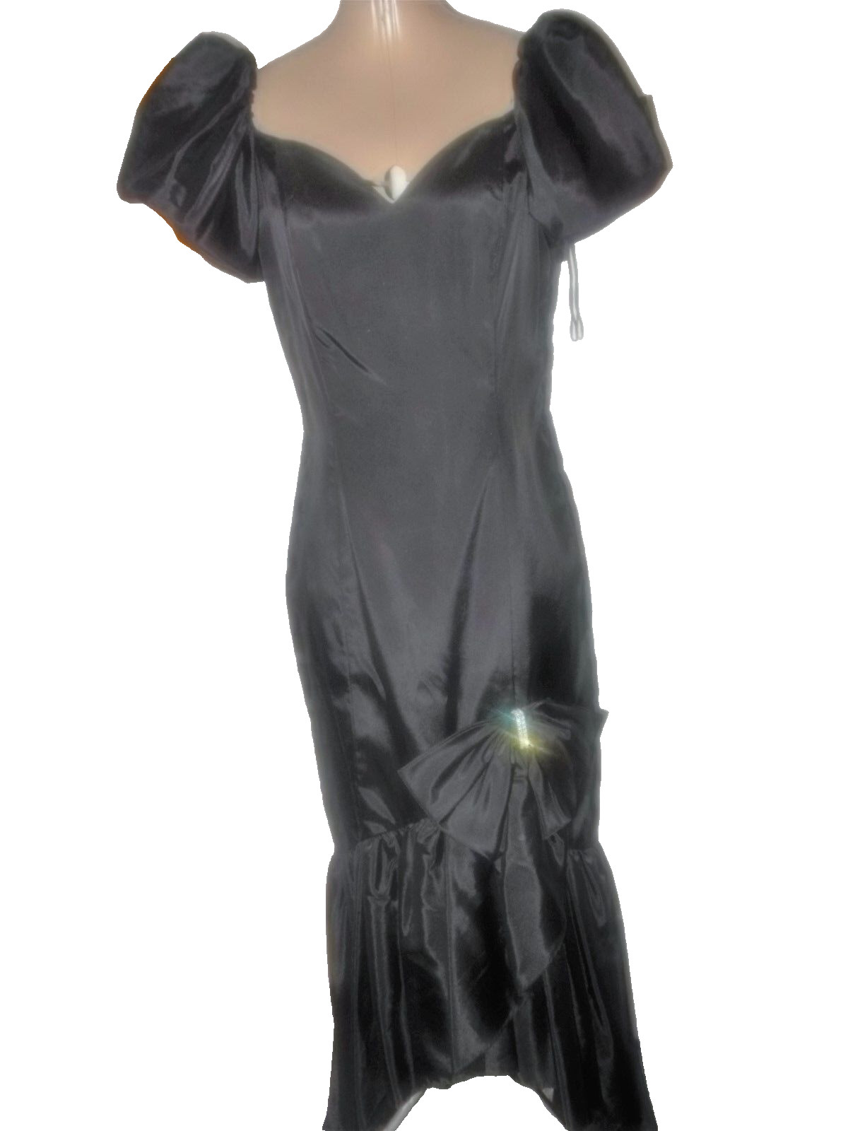 Vtg 80’s Black Satin Pouf Sleeve Off Shoulder Ruffle Mermaid Evening Dress M