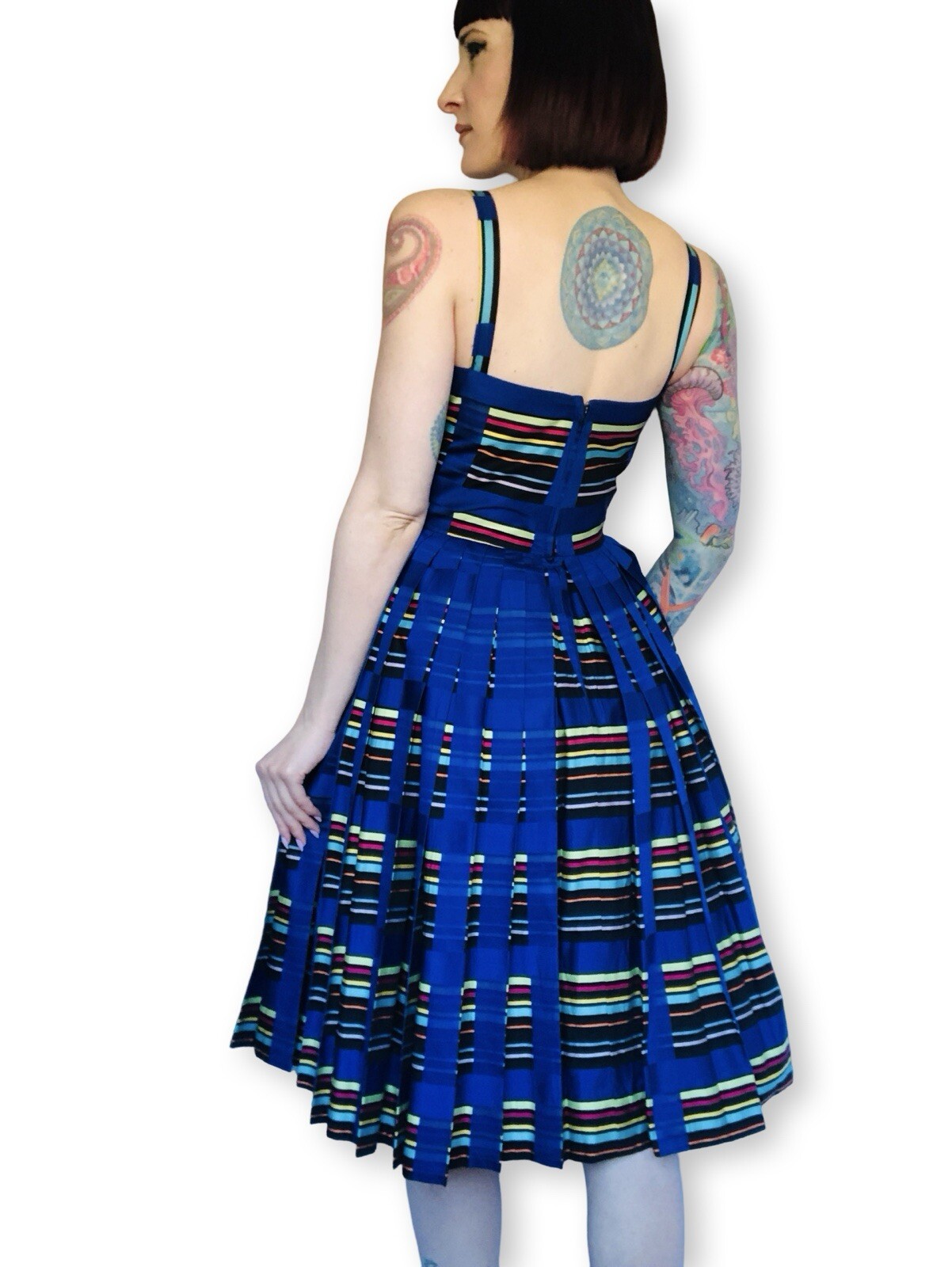Vintage 1950s 50s Rainbow Striped Blue Cotton Pleated Dress Sundress Small
