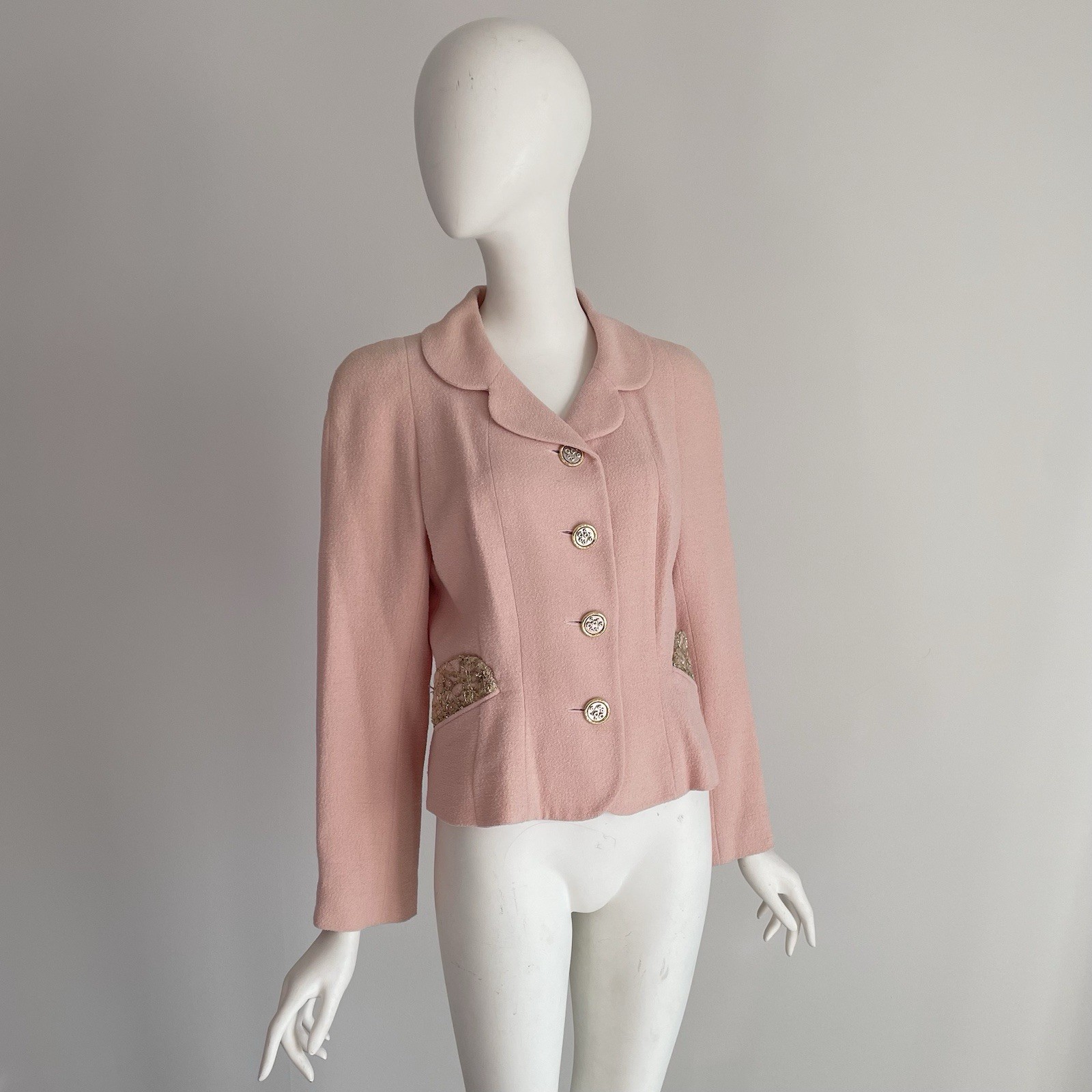 Vintage 1990s Balenciaga Pink Bouclé Jacket Blazer Sequin Gold Silver Size Large