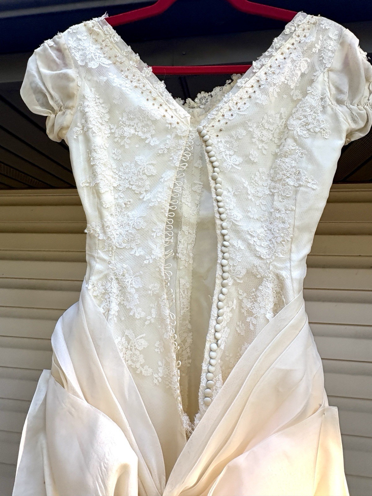 Vintage 1950s Satin & Lace Button Back Wedding Dress w Beads, Bow & Lace Gloves