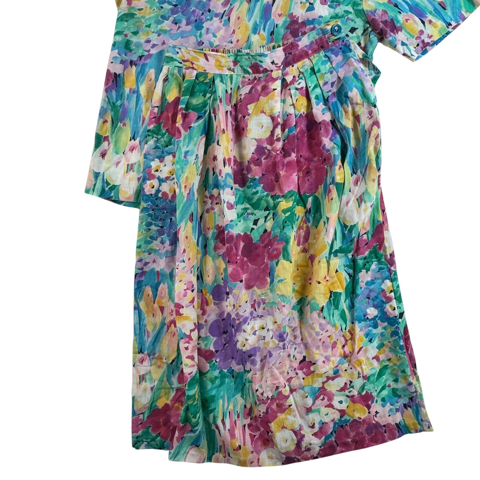 Vintage Floral Watercolor Two Piece Set Pleated Midi Skirt Short Sleeve 80s 90s