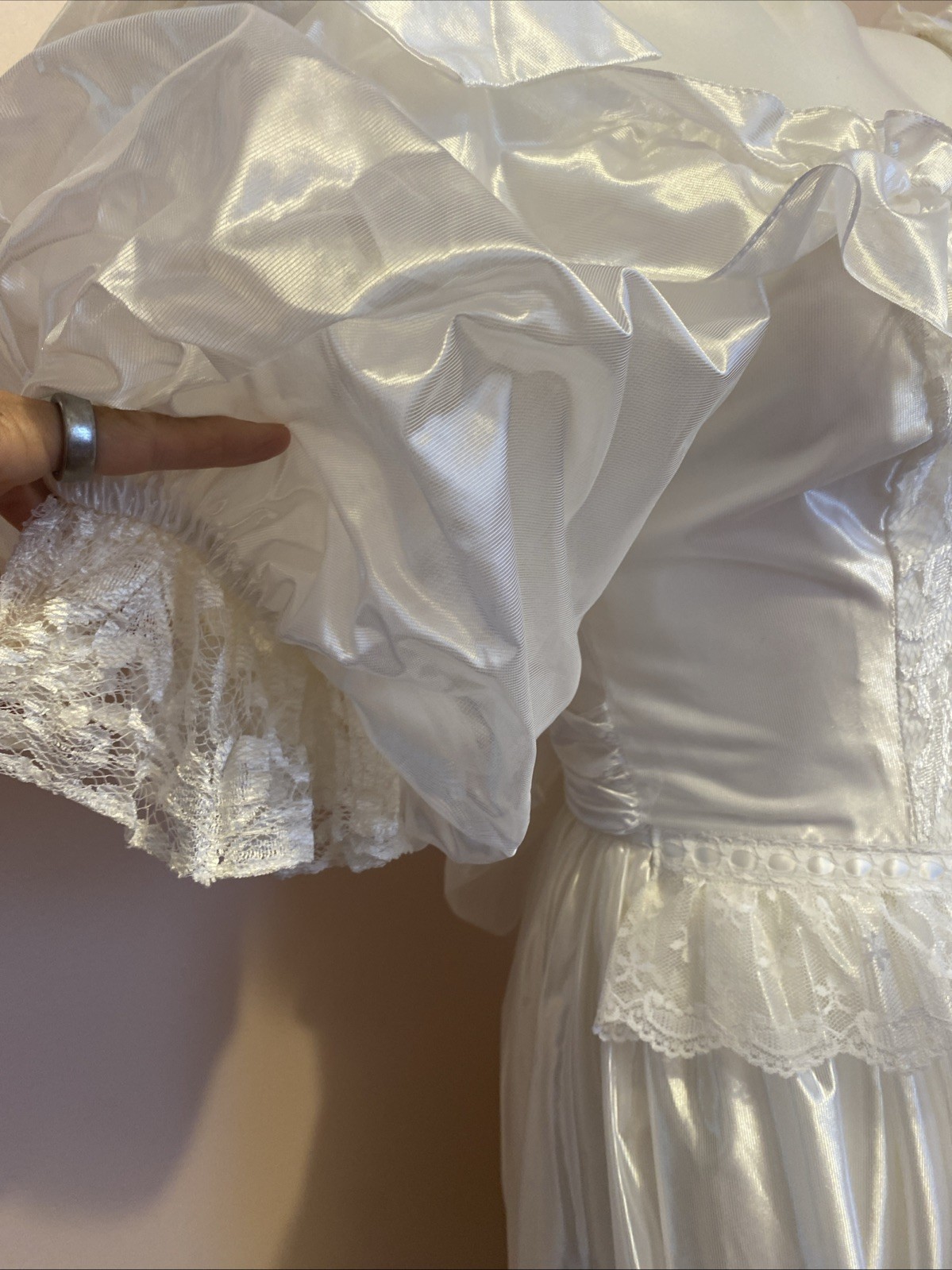VTG Zum Zum 80s White puff Slv V Waist Ruffle Lace Bow Wedding Dress Gown XS/S 5