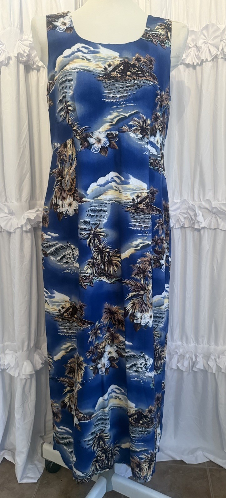 Vintage Hilo Hattie Hawaiian Dress 14 Large Blue Sleeveless Palms