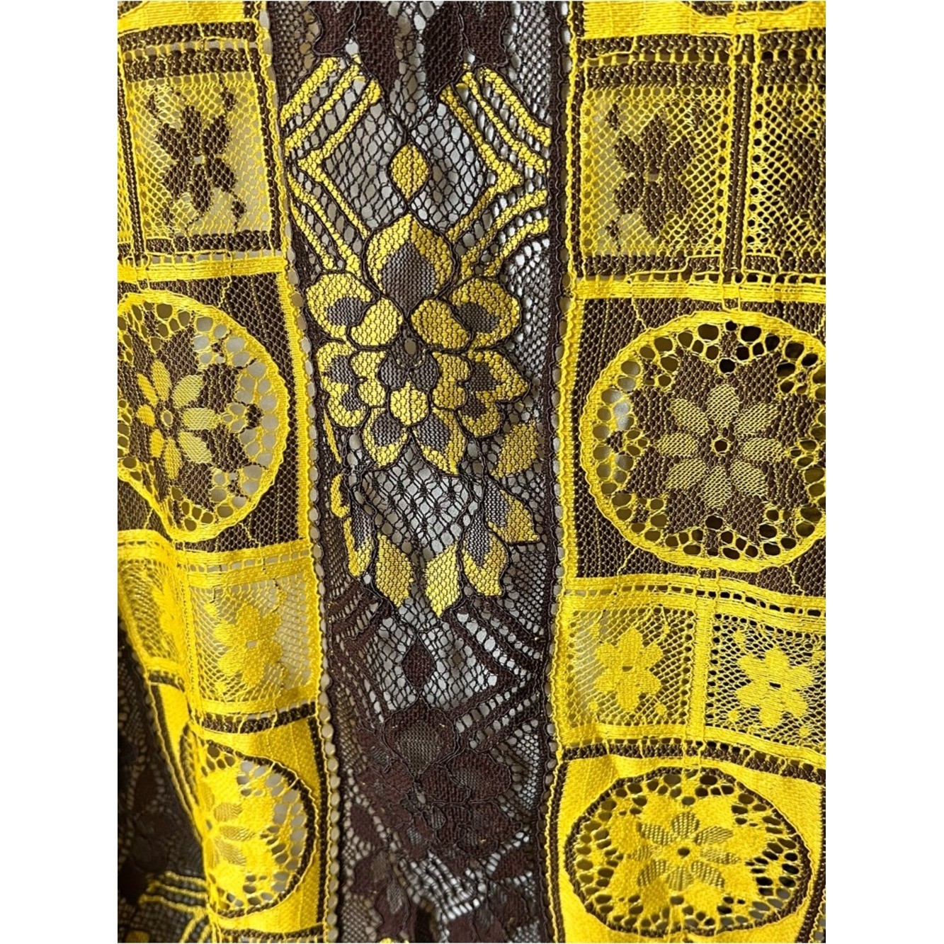 VTG 60s 70s Yellow Brown Lace Overlay Handkerchief Hem Midi Dress Sz S/M