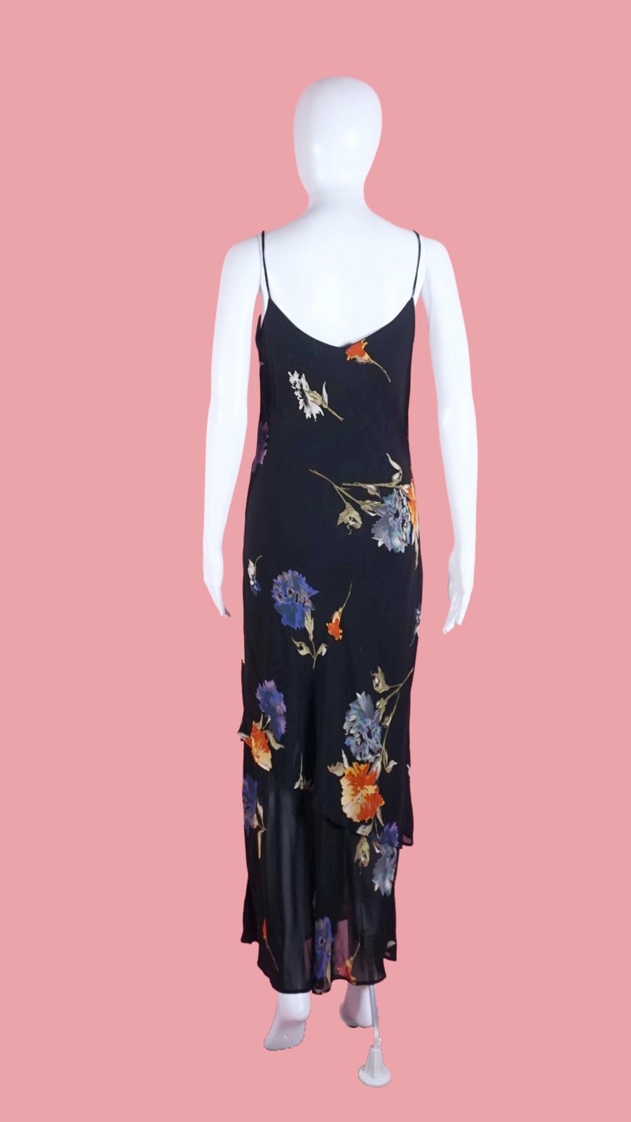 1990s-Y2K LAPIS Semi Sheer Tiered Ruffle Floral Sleeveless Maxi Slip Dress. SM