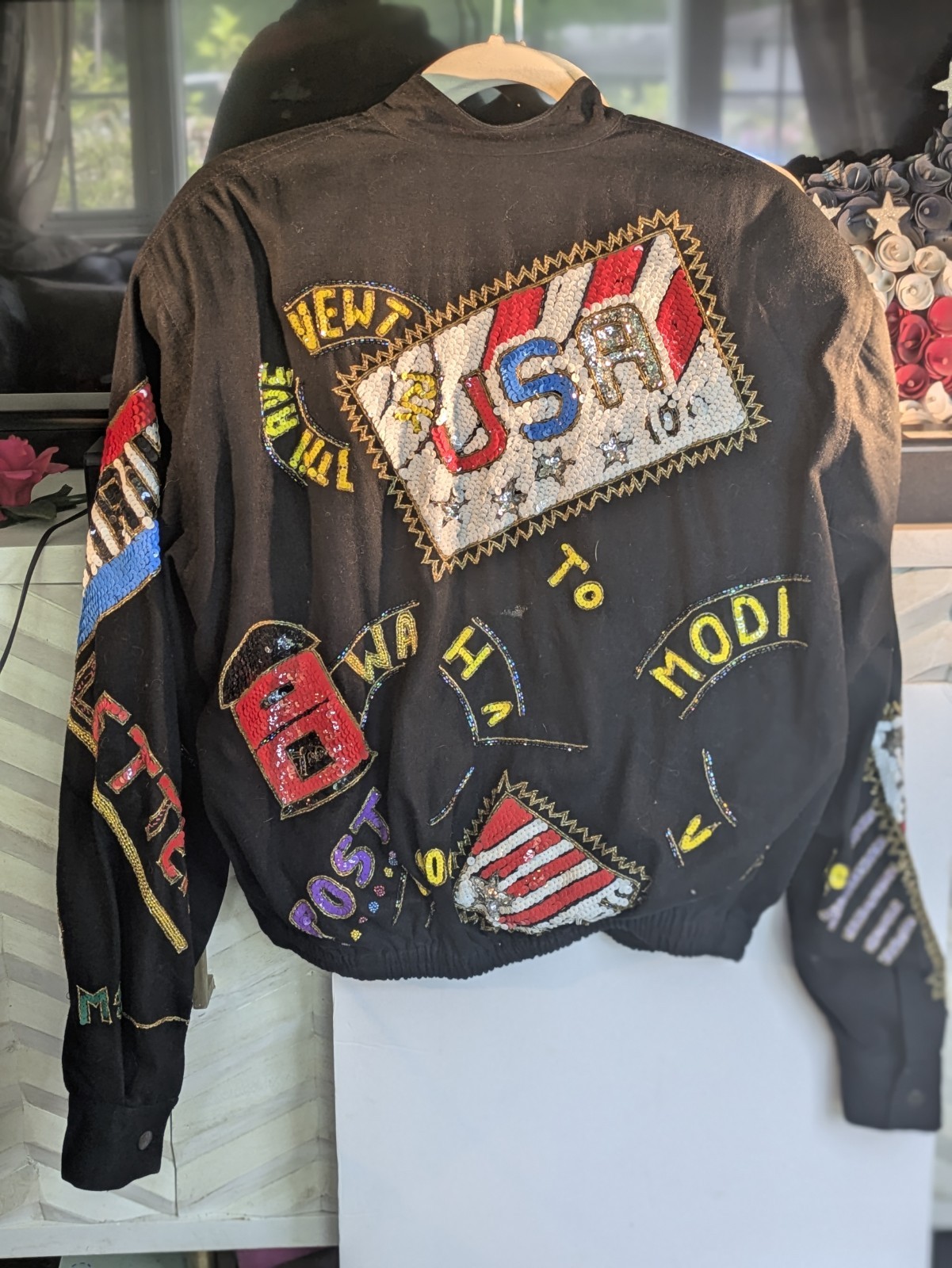 VTG 80’s MODI DENIM US POSTAGE Sequin Embellished Bomber Jacket Size 10/12 Coat