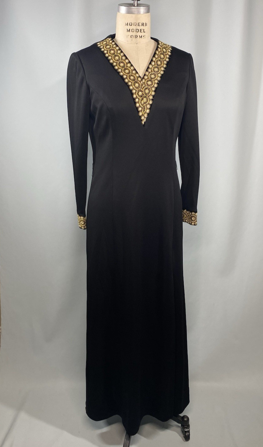 Vintage Dress SIZE MEDIUM black knit gold black HENRY LEE maxi long sheath 70s