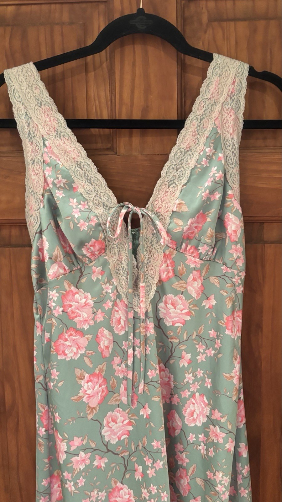 90’s Vintage Slip Dress, Maxi Length, Deep V, Silky Green Floral, Size L