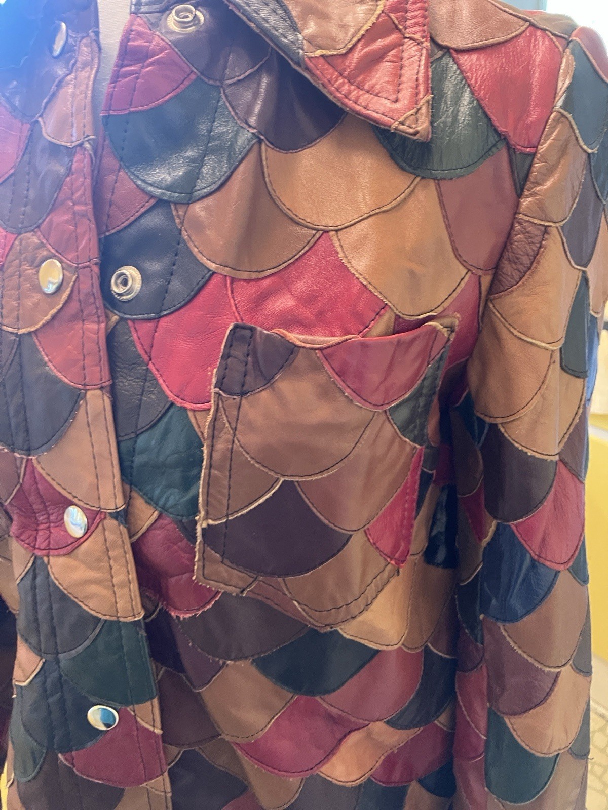 Vintage 70’s Multicolor Patchwork Leather Jacket Brown Red Green Blue Tan
