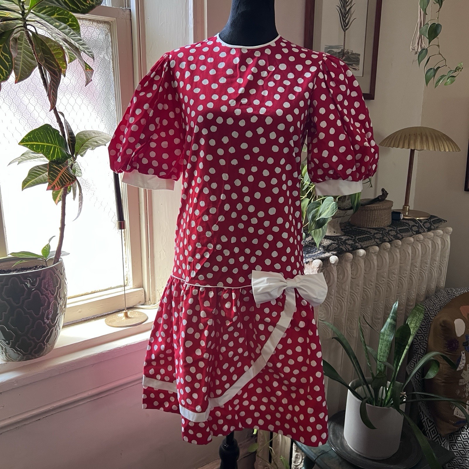 Vtg 80s 90s Picture Me Red White Polka Dot Puff Sleeve Dress – Size Teen 12