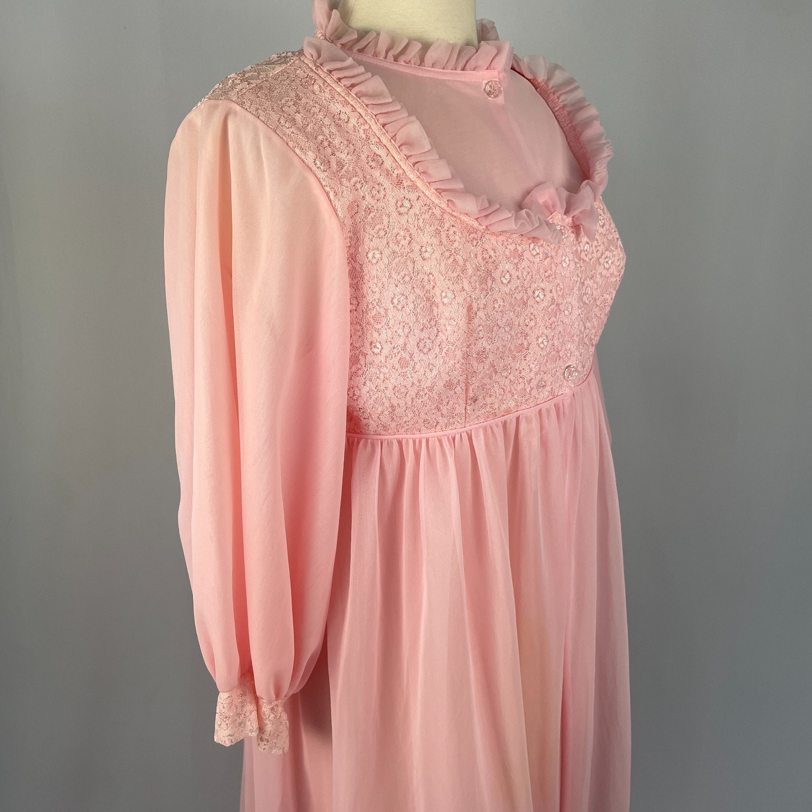 Vintage 70s Peignoir Set Large Pink Sheer Chiffon Lace Lingerie Babydoll 2 Piece