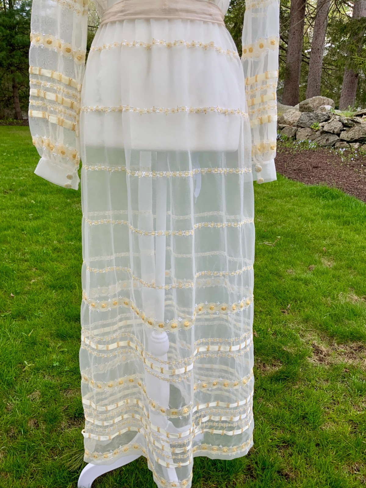 1970s Sheer Romantic Bridal Dress | Edwardian Revival Ivory with Ribbon
