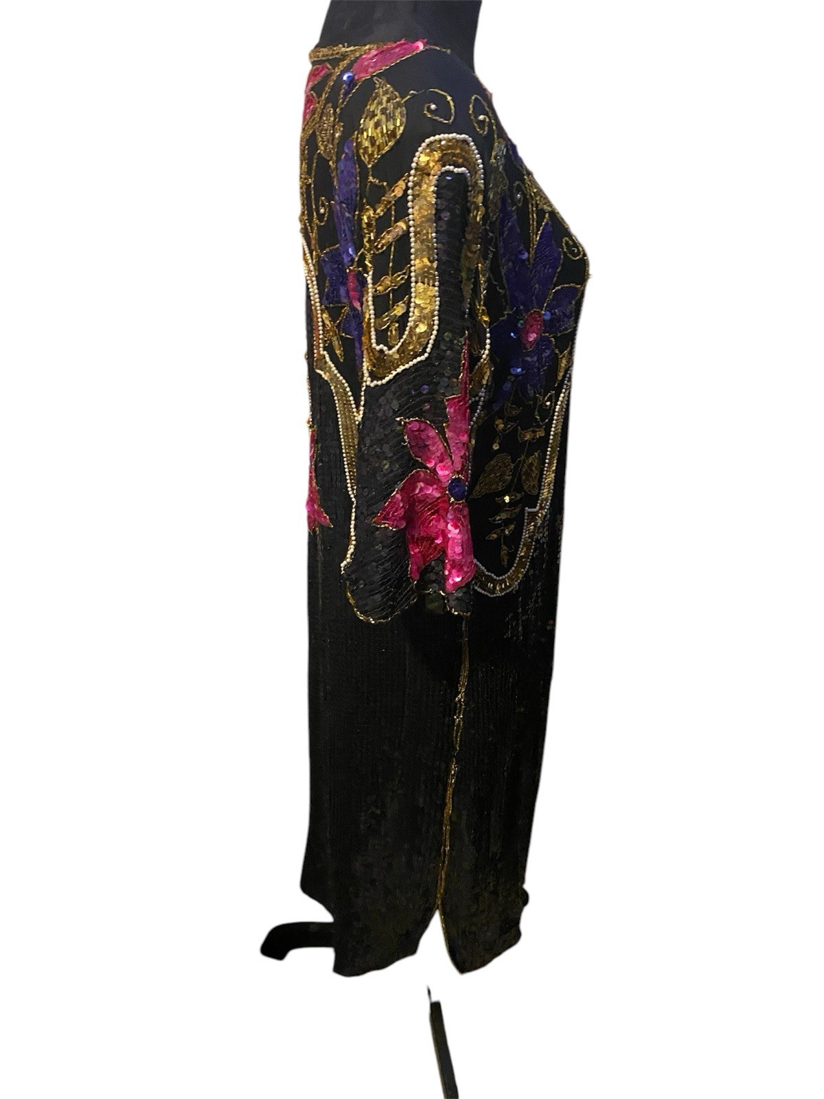 Vintage Chanson D’Amour Womens Dress sz L Black 100% Silk Sequin Beaded 80s