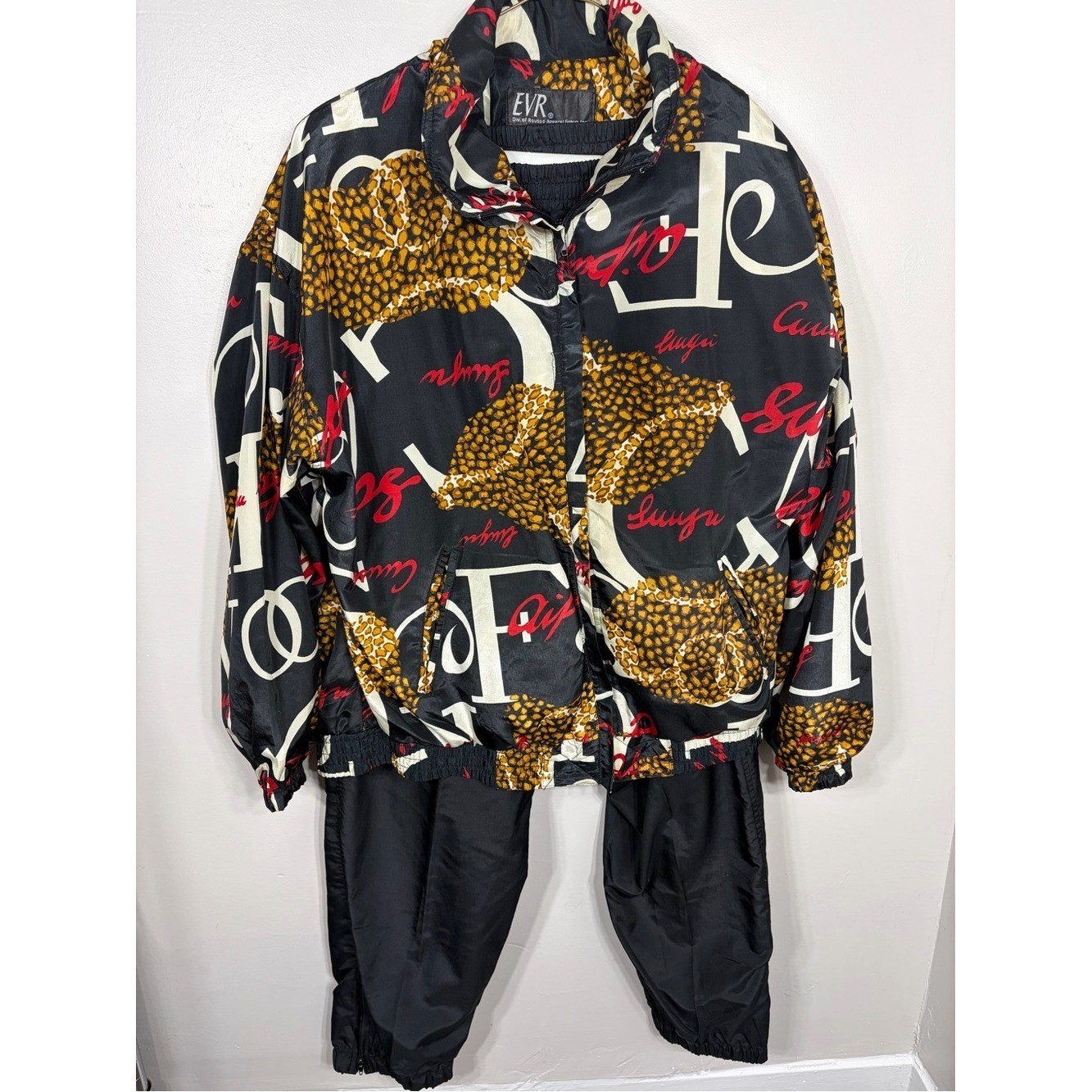 Vtg 90s EVR Sergio Valente Silk Leopard Print Tracksuit Set Bomber Pants Large