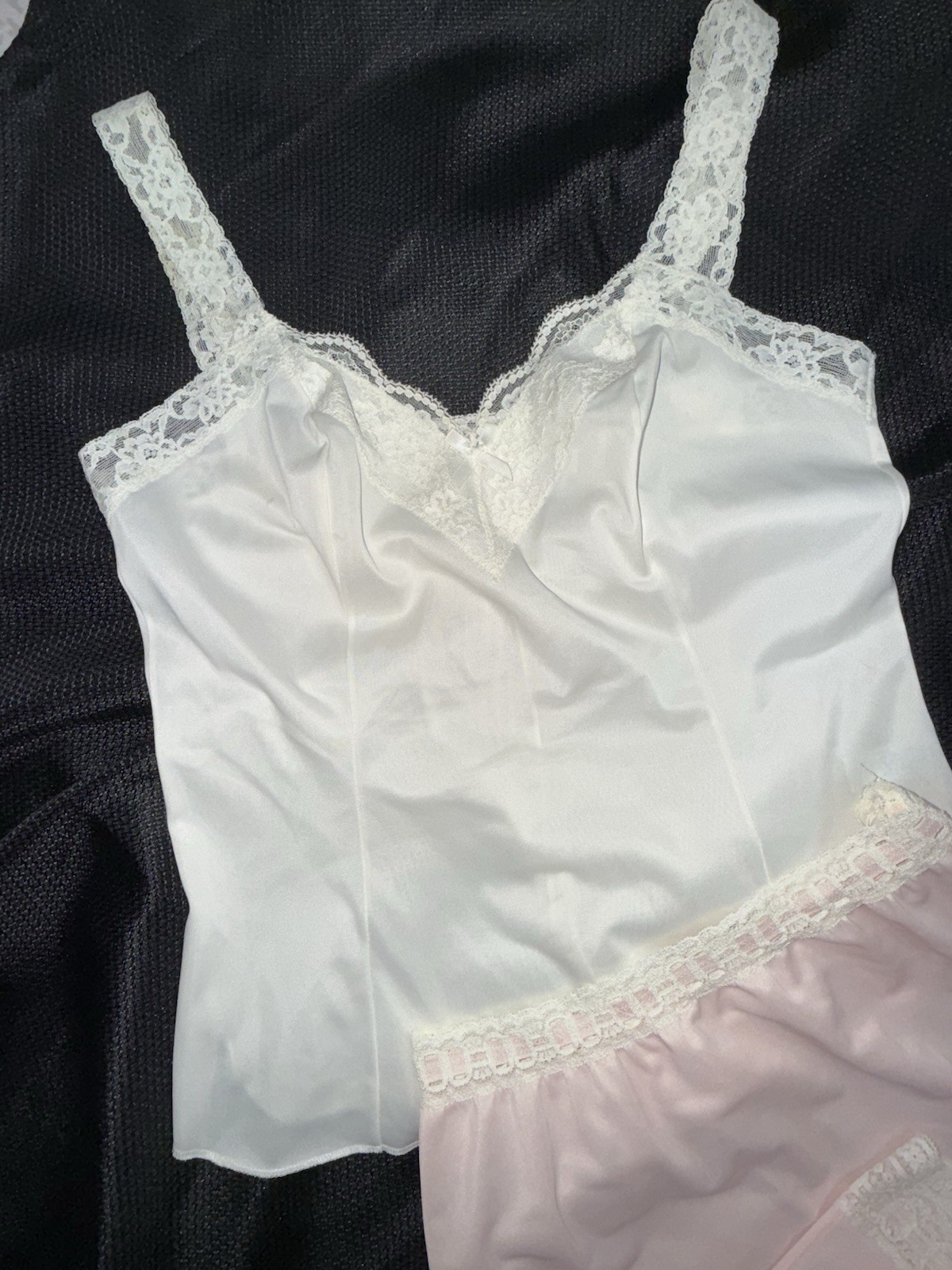 Vtg Olga Half Slip Camisole Cami Top Set Secret Hug Lace Band Pink White S 32 34