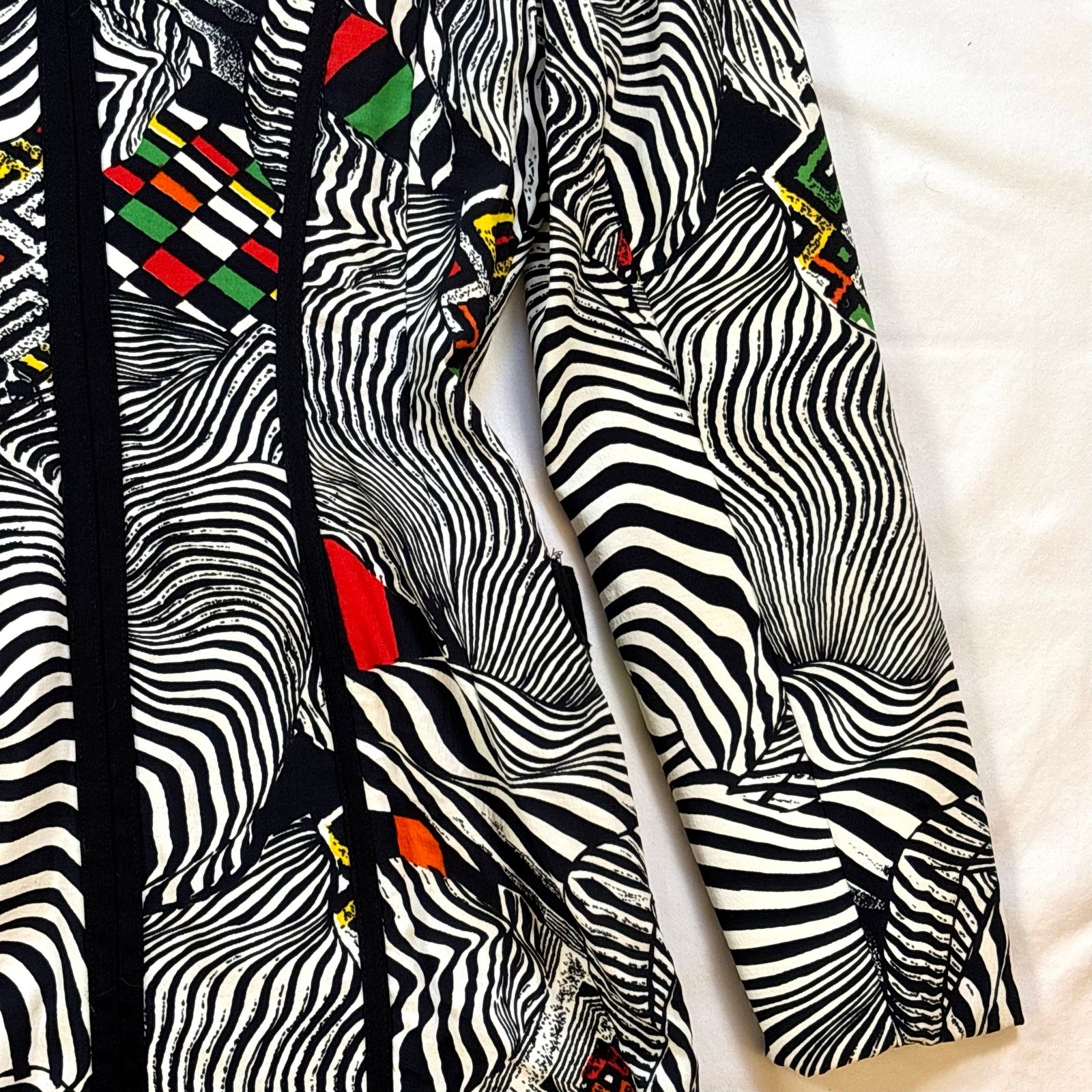 1980s IIF Zebra Geometric Print Skirt Set Blazer Car Wash Fringe Mini Two Piece