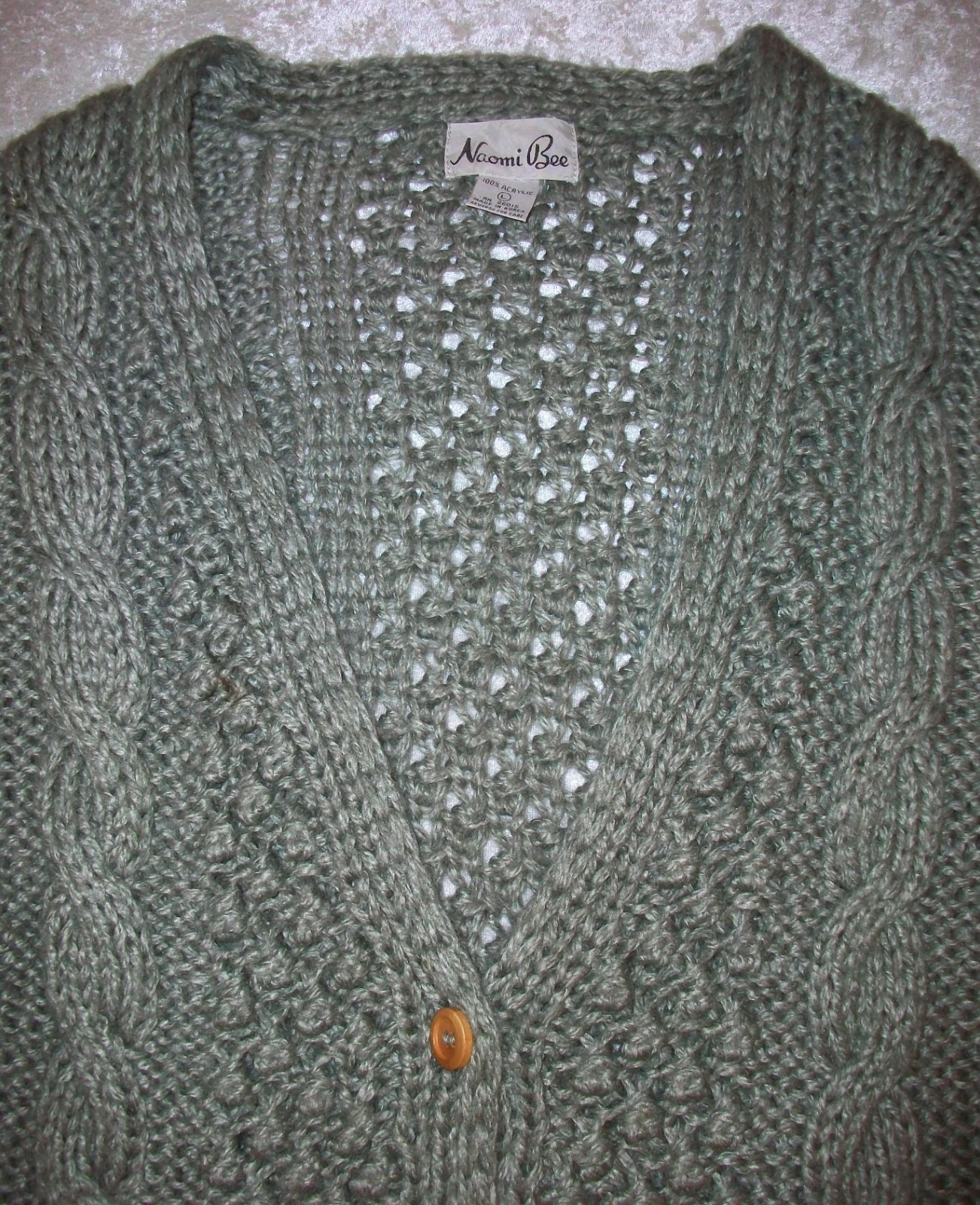 Women’s Vintage Naomi Bee Gray Acrylic Cable Knit Aran Cardigan Sweater LARGE