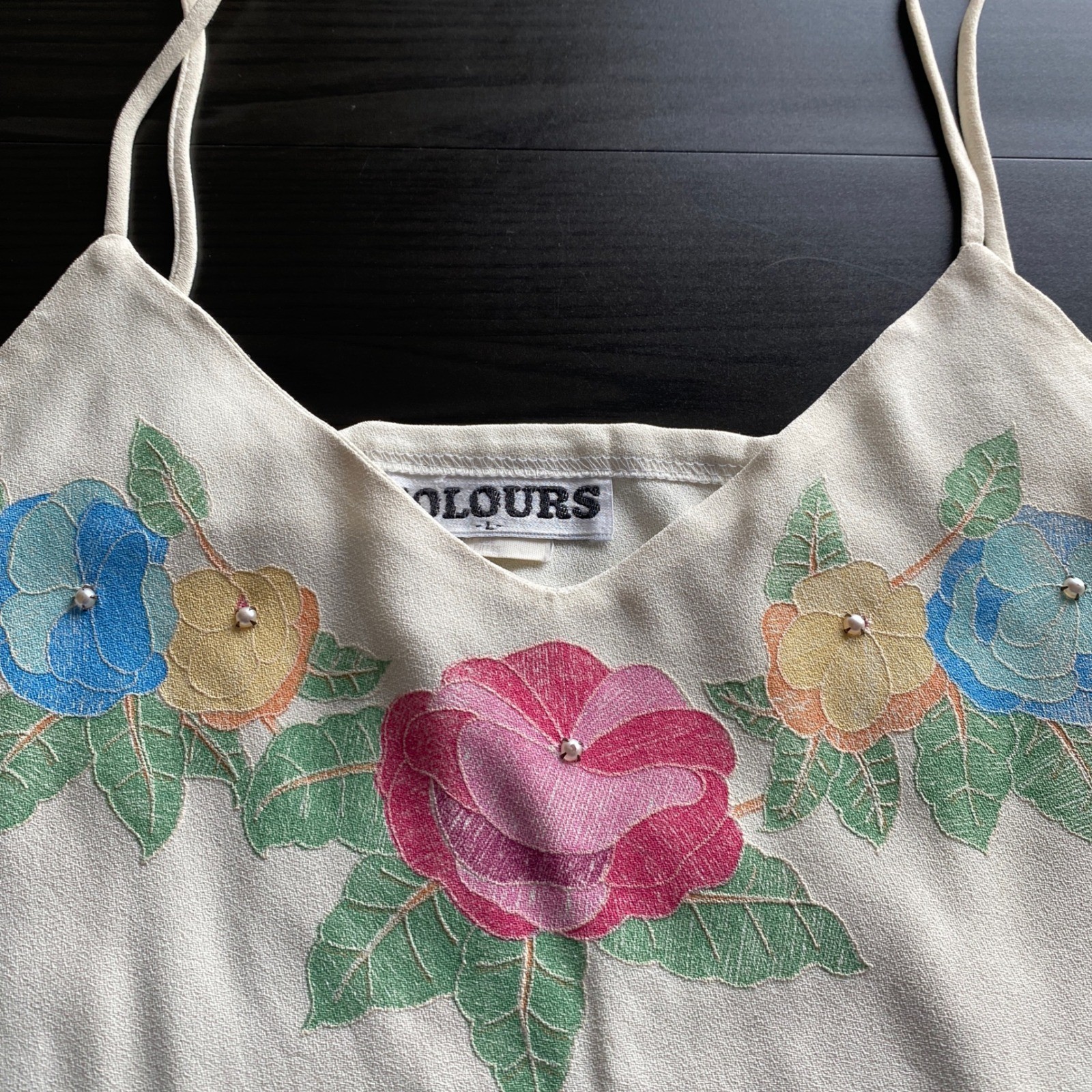 90s Vintage Cami Large Colours Soft Romantic Cream Floral Boho Floral Made USA