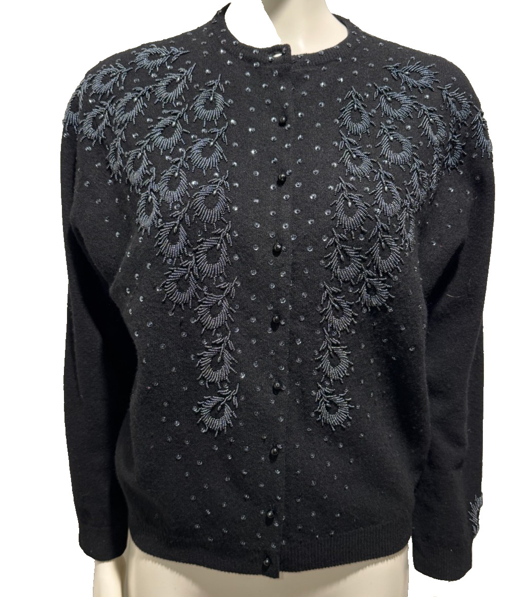 Vintage 50s Black Beaded Cardigan Sweater Lined Hong Kong Lambswool Evening 44
