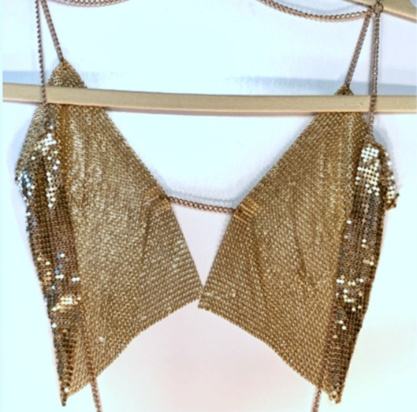 VTG 1980s Gold Mesh Backless Halter Top Bra Style Shoulders w/ Back Chain Size S