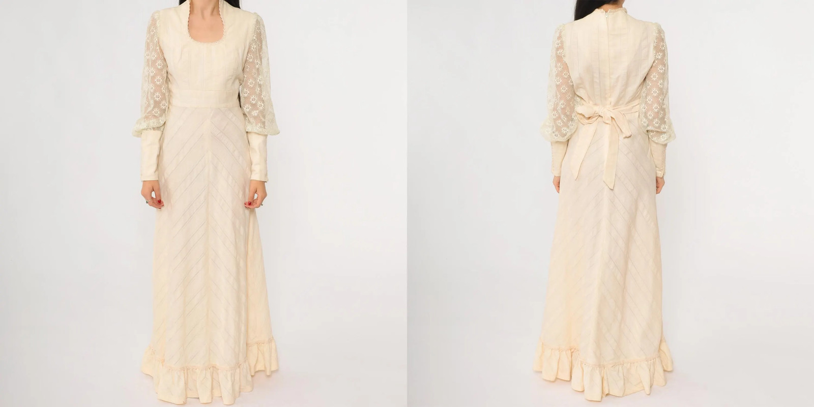 70s Lace Maxi Dress Cream Long Sleeve Scoop Neck Prairie Wedding Romantic Cottag