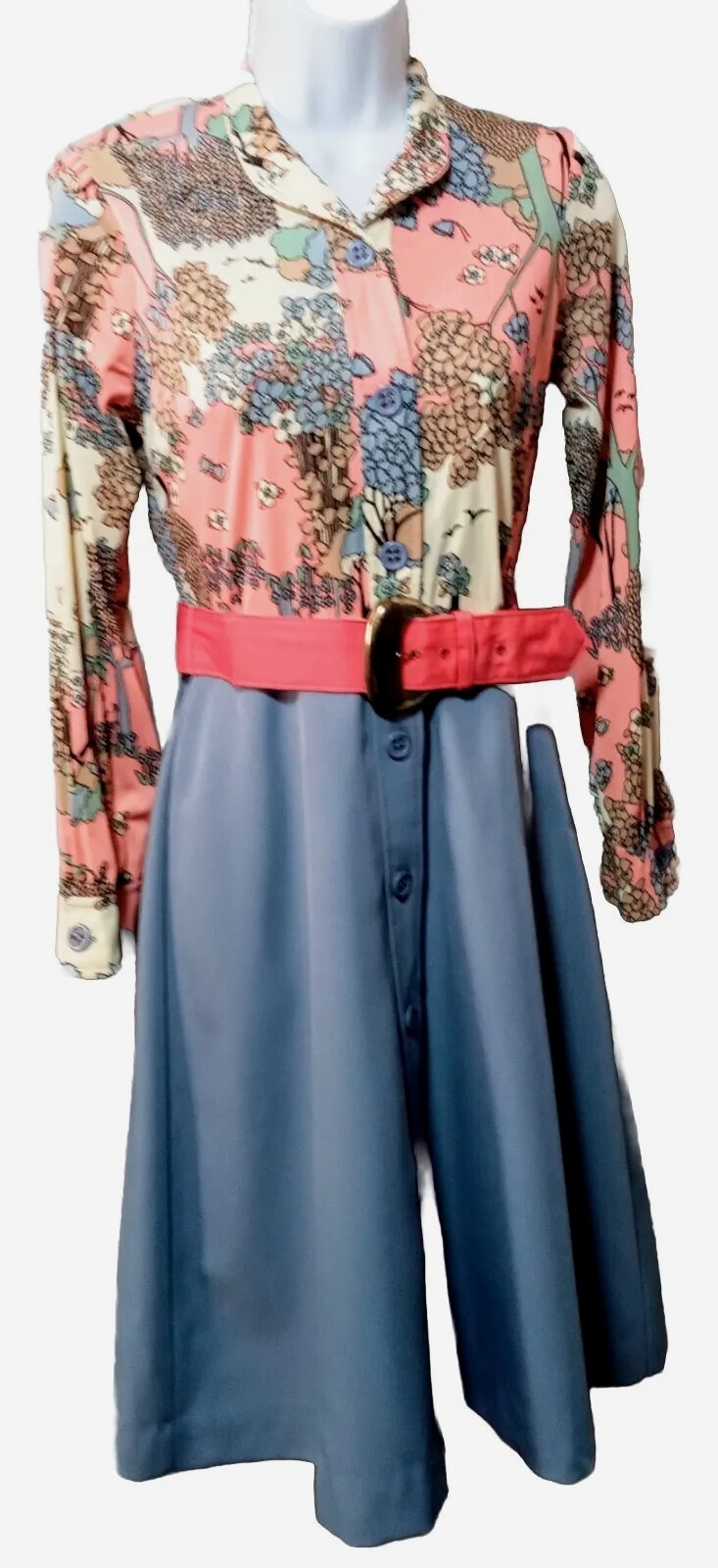 Vtg 70s Howard Wolf LS Poly Knit Knee Length Dress Peter Max Style Mod Disco 7/8