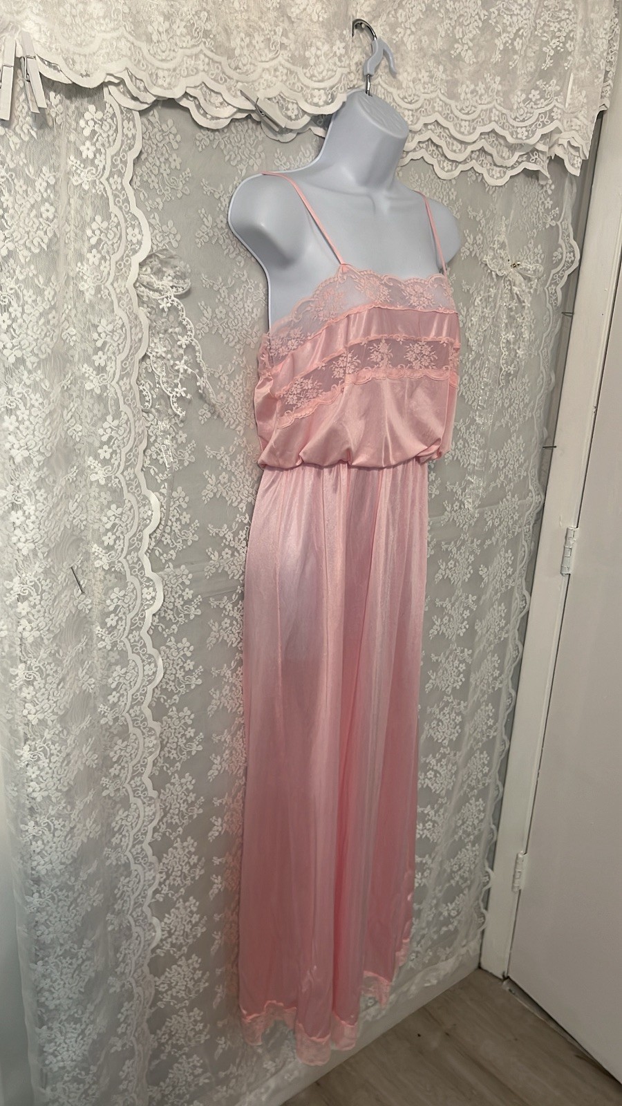 Vtg Pink FLAIR LINGERIE By Dianne Keesee NYLON LACE Satin NIGHTGOWN/Sz m