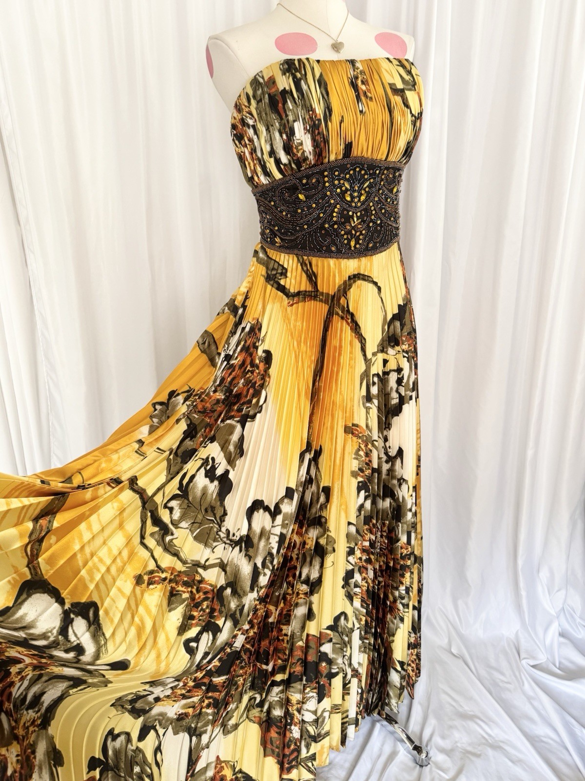 Vintage Yellow Leopard Floral Beaded Sequin Pleated Formal Gown Dress 14 Jovani