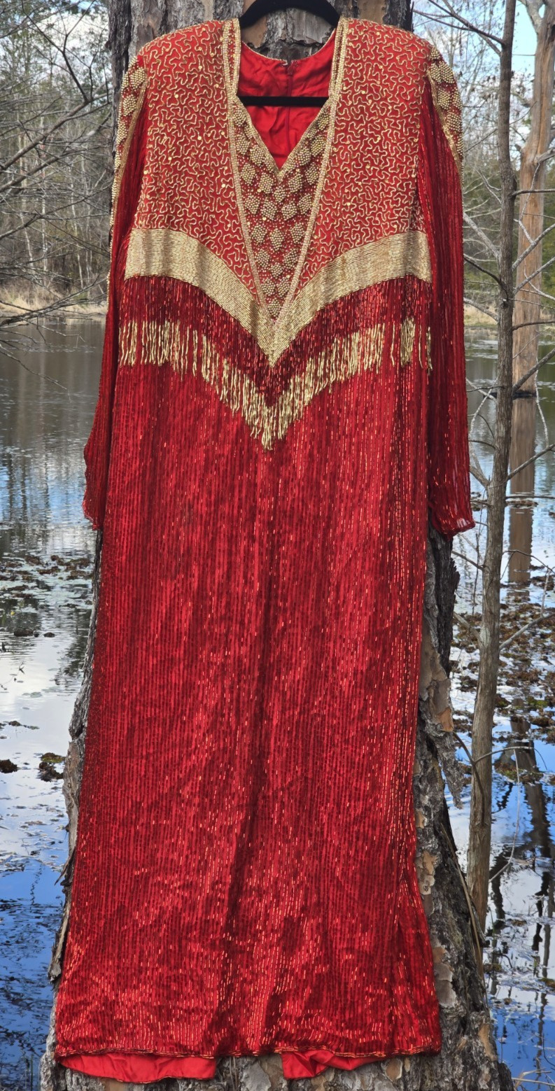 Vintage Mardi Gras Sequins Originals 80s Beaded Sequin Silk Gown Dress Sz M/L